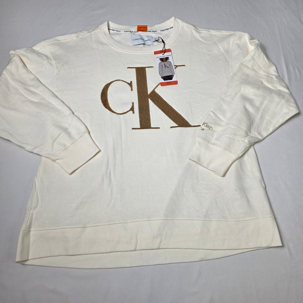 Calvin Klein Sweatshirt Womens XXL Cream w/ Gold Sequin Logo Fleece Pullover NWT